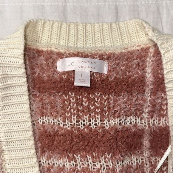 Lauren Conrad L Ivory Mauve Pink Plaid Cozy Chenille Knit Cardigan Sweater - Picture 8 of 11